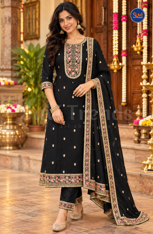Heavy Embroidered Suit Set - Black