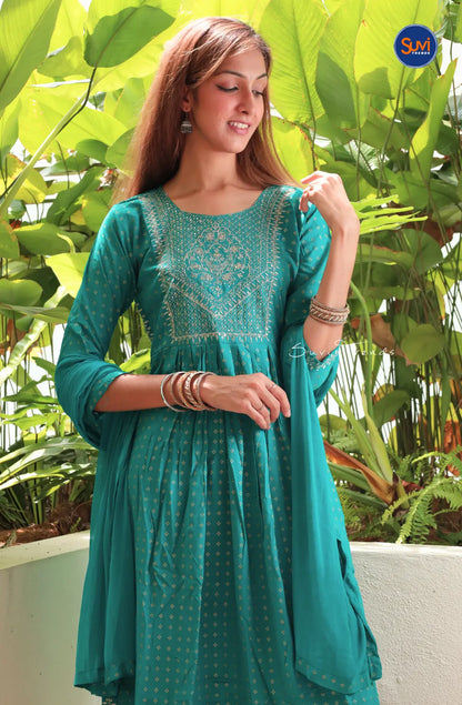 Heavy Embroidered Suit Set with Dupatta - Teal Blue