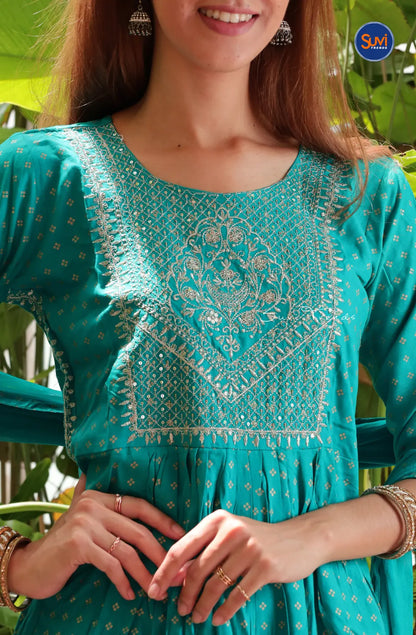 Heavy Embroidered Suit Set with Dupatta - Teal Blue