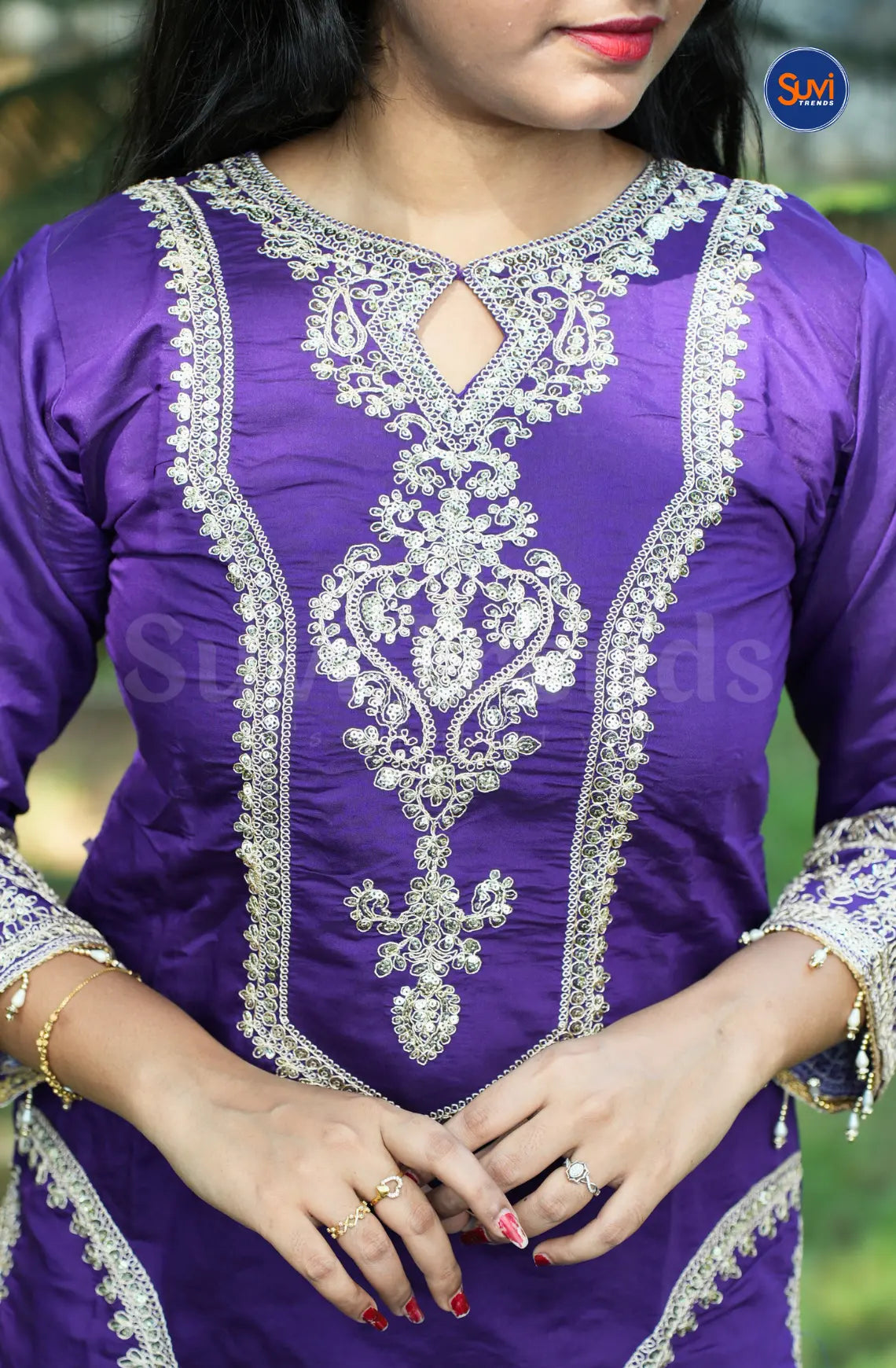 Heavy Embroidery Suit Set with Handbag - Purple