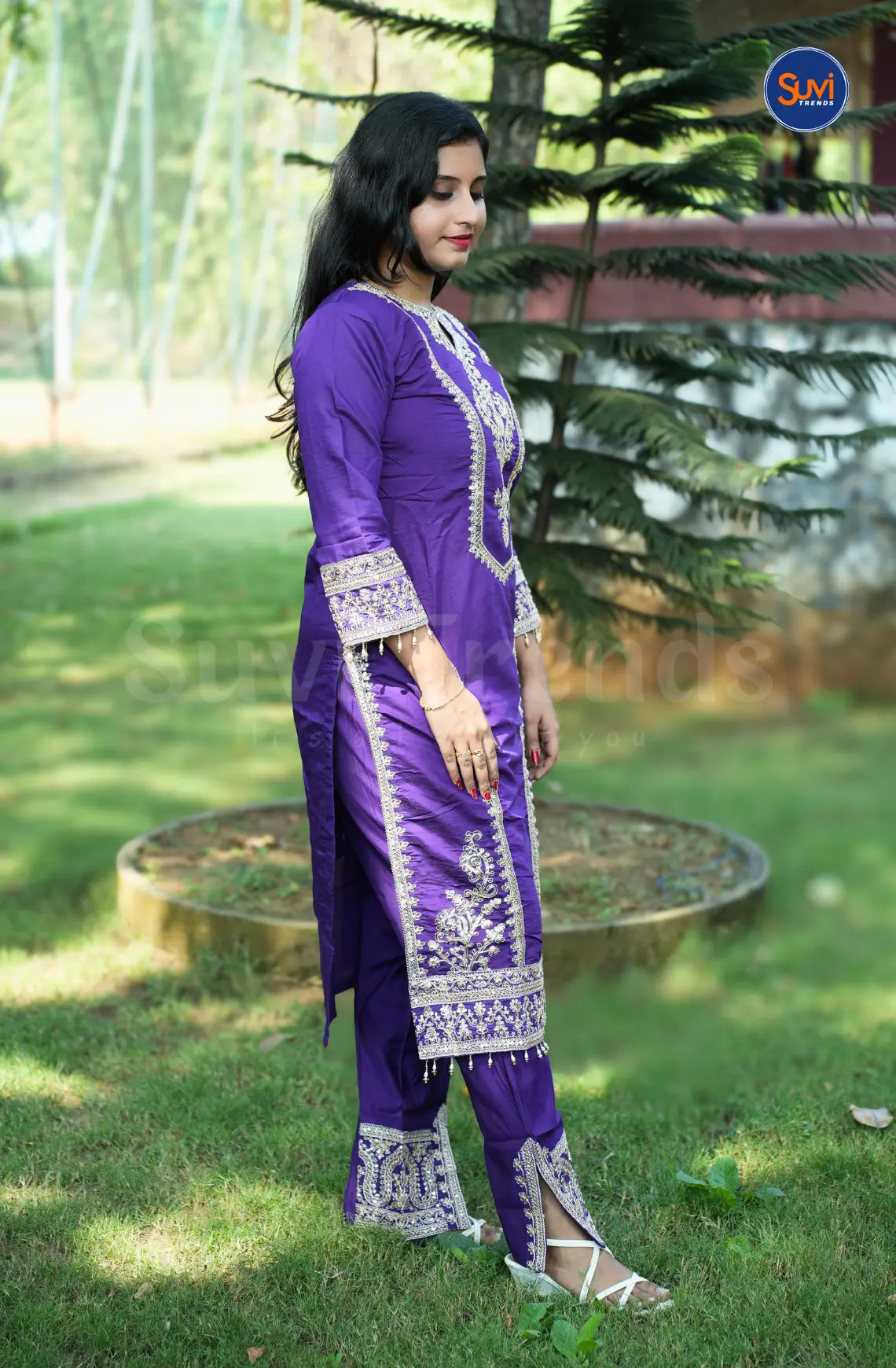 Heavy Embroidery Suit Set with Handbag - Purple