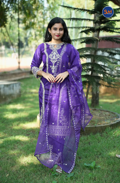 Heavy Embroidery Suit Set with Handbag - Purple