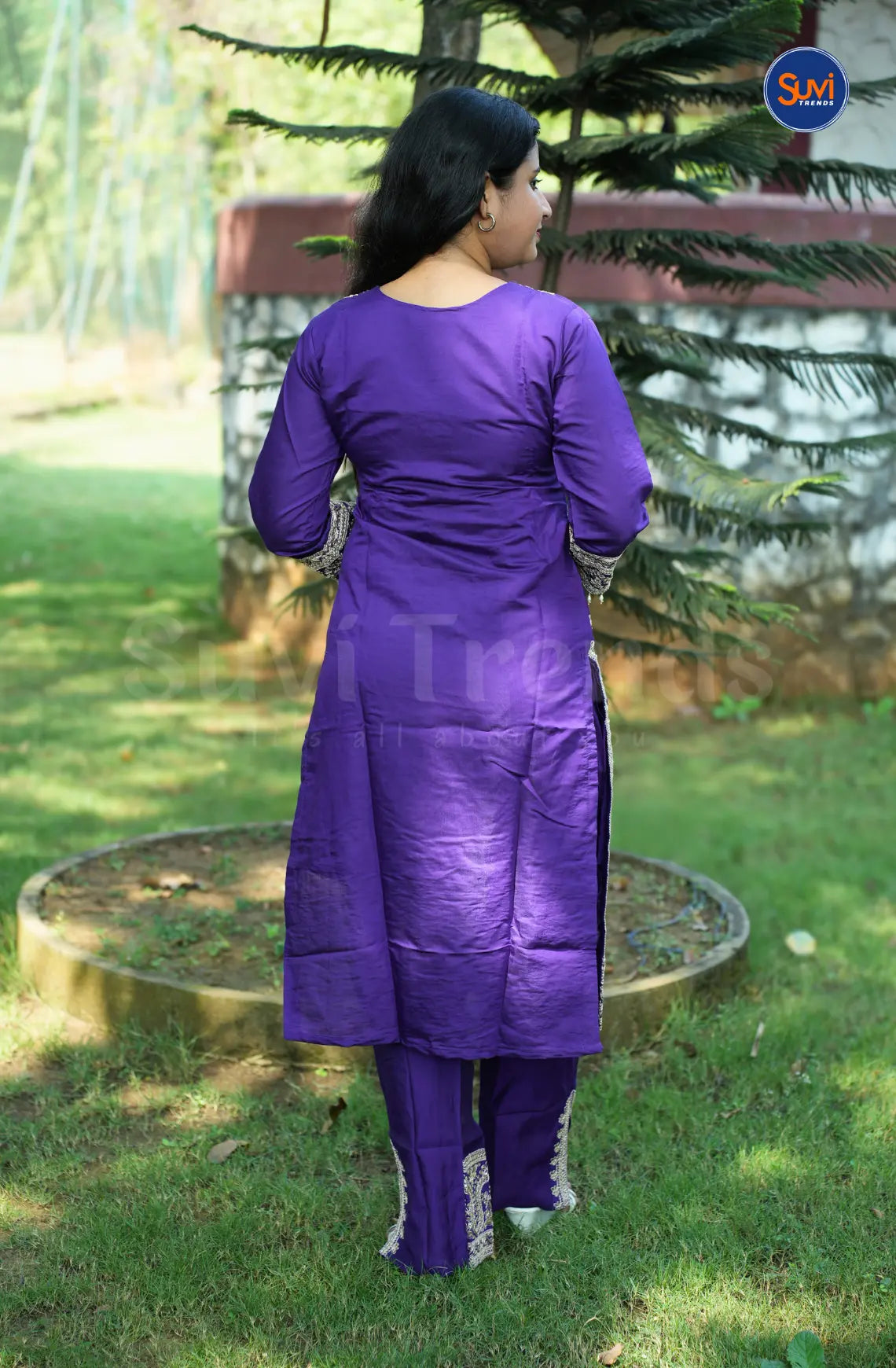 Heavy Embroidery Suit Set with Handbag - Purple