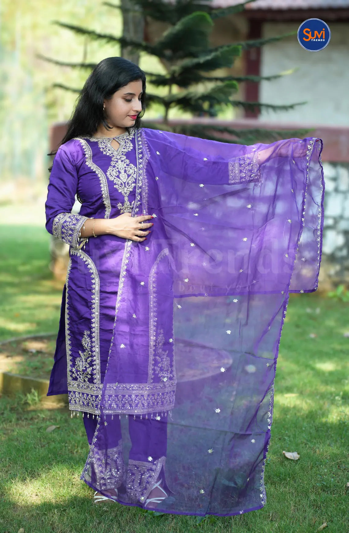 Heavy Embroidery Suit Set with Handbag - Purple