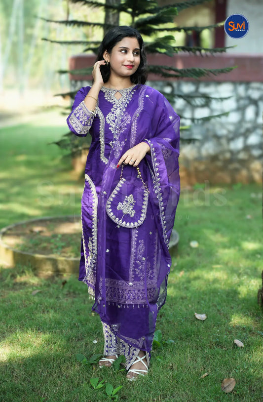 Heavy Embroidery Suit Set with Handbag - Purple