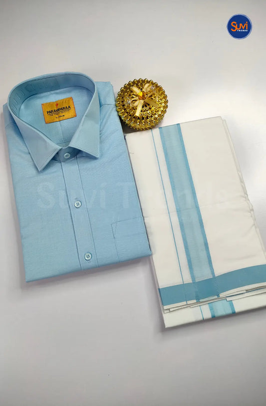 Indo Organic Men's Cotton Shirt And Dhoti Set - Sky Blue