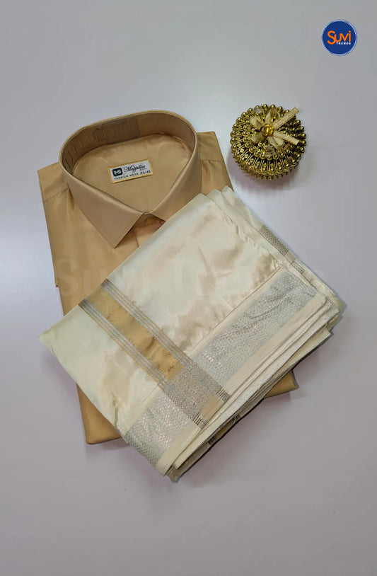 Kids Dhoti Set With Colour  Zari - Natural Sandal