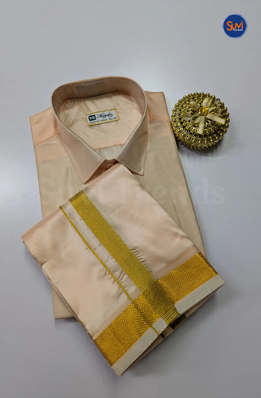 Kids Dhoti Set With Gold Zari - Peach