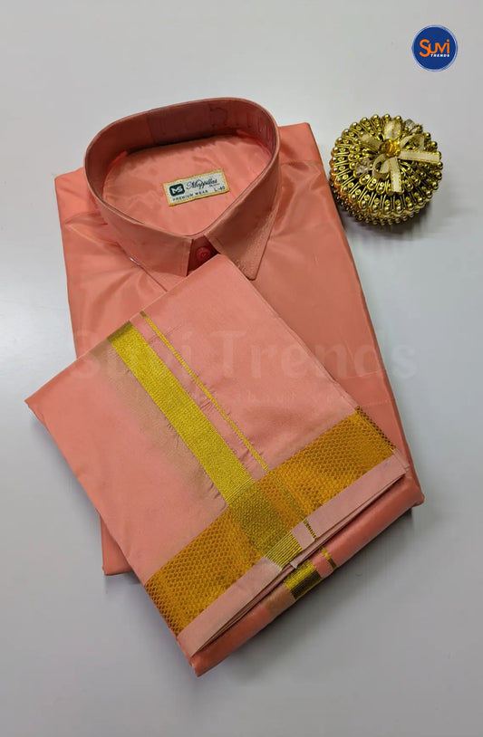 Kids Dhoti Set With Gold Zari - Pinkish Peach