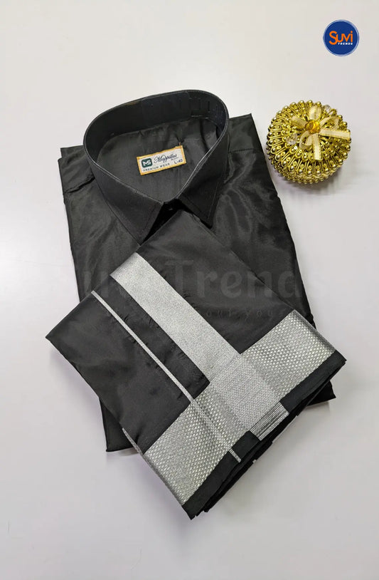 Kids Dhoti Set With Silver Zari - Black