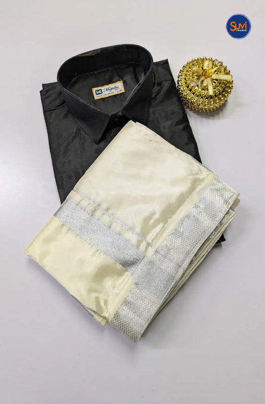 Kids Dhoti Set With Silver Zari - Black & White