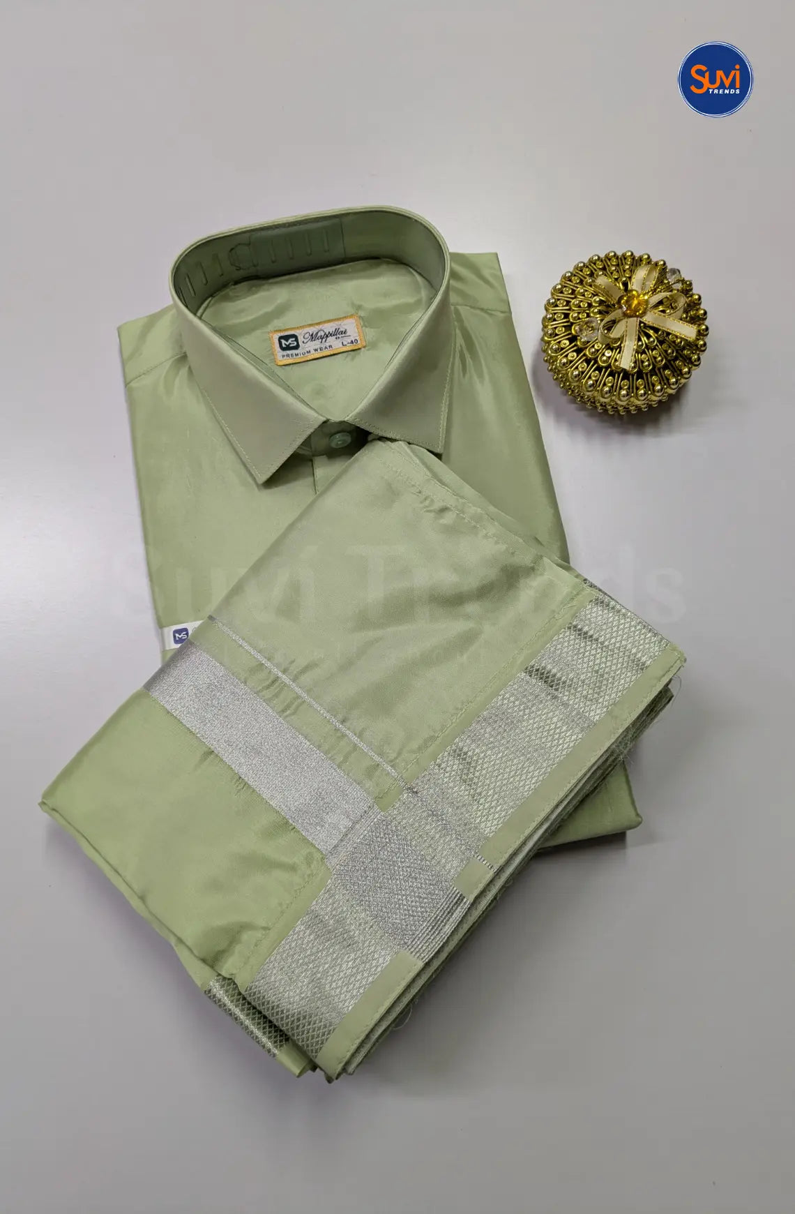 Kids Dhoti Set With Silver Zari - Marine Green