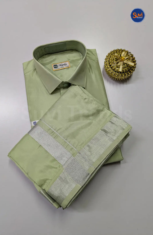 Kids Dhoti Set With Silver Zari - Marine Green