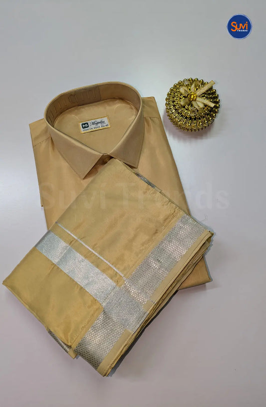 Kids Dhoti Set With Silver Zari - Natural Sandal