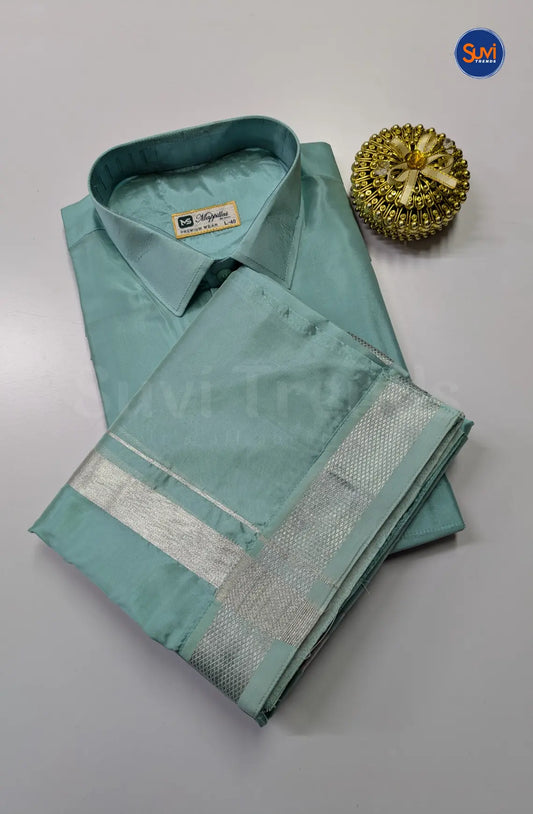 Kids Dhoti Set With Silver Zari - Pastel Rama