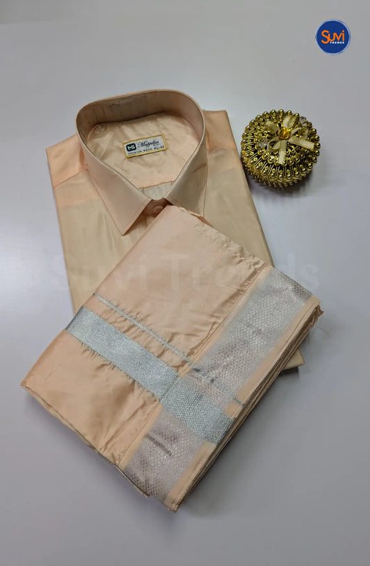 Kids Dhoti Set With Silver Zari - Peach