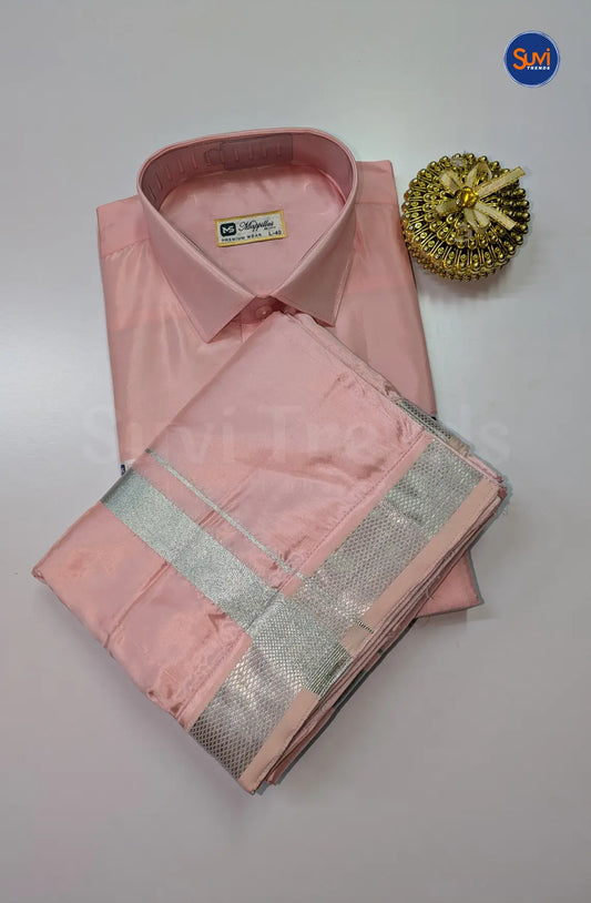 Kids Dhoti Set With Silver Zari - Pink