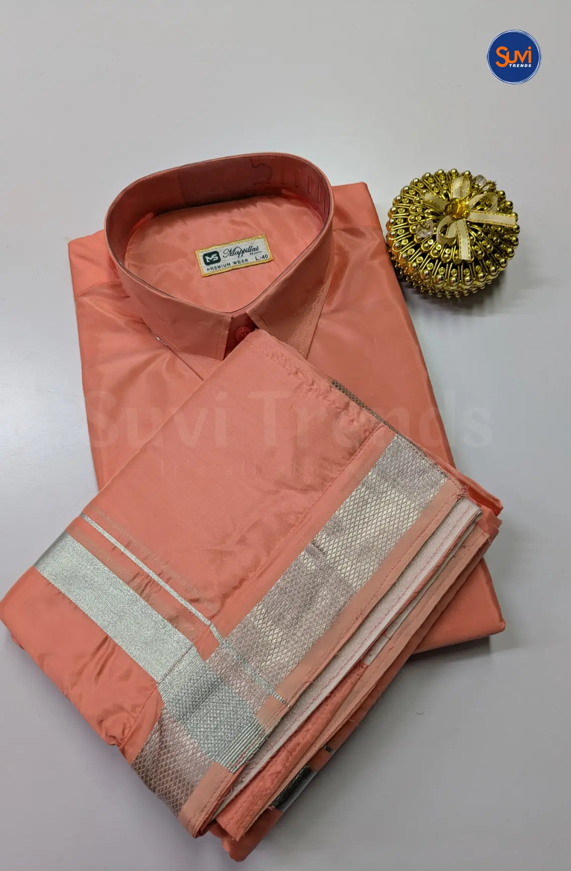 Kids Dhoti Set With Silver Zari - Pinkish Peach