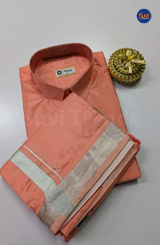 Kids Dhoti Set With Silver Zari - Pinkish Peach