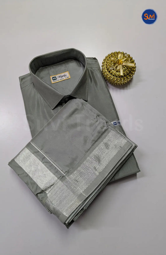 Kids Dhoti Set With Silver Zari - Steel Grey