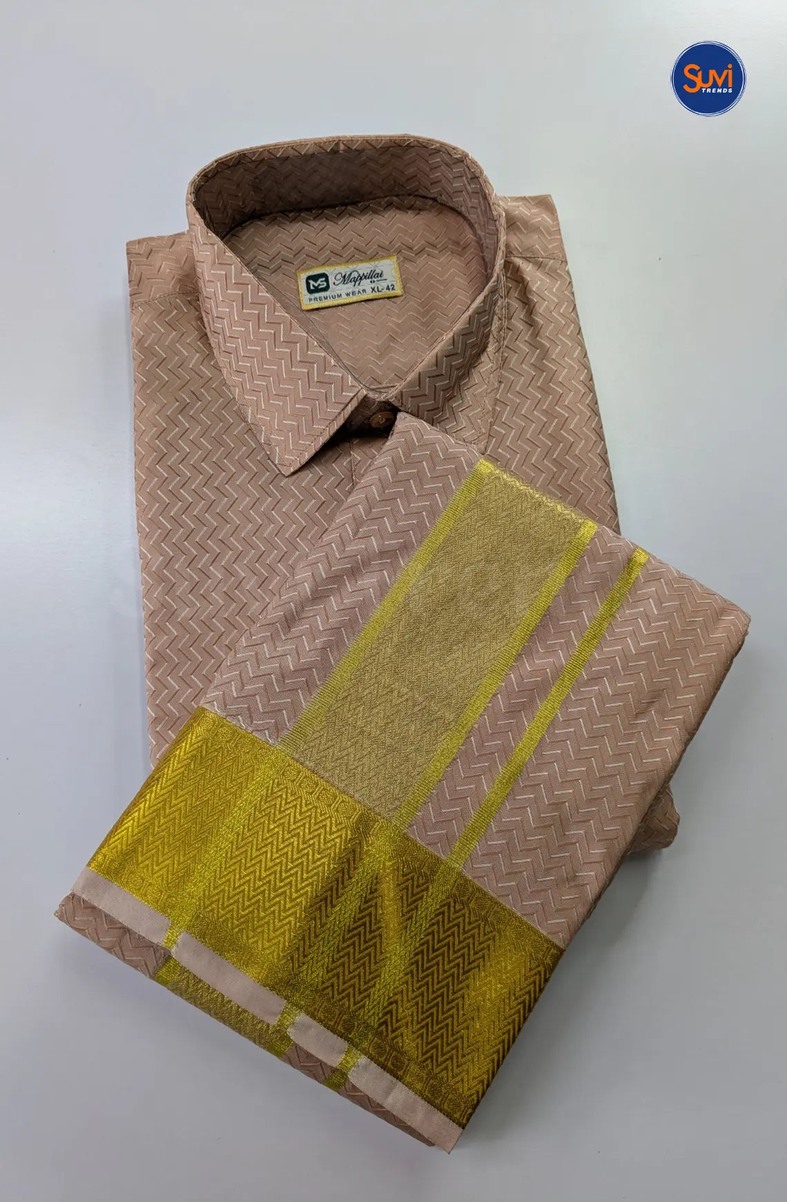 Luxury Embossed Dhoti Set Woven With Gold Zari - Copper