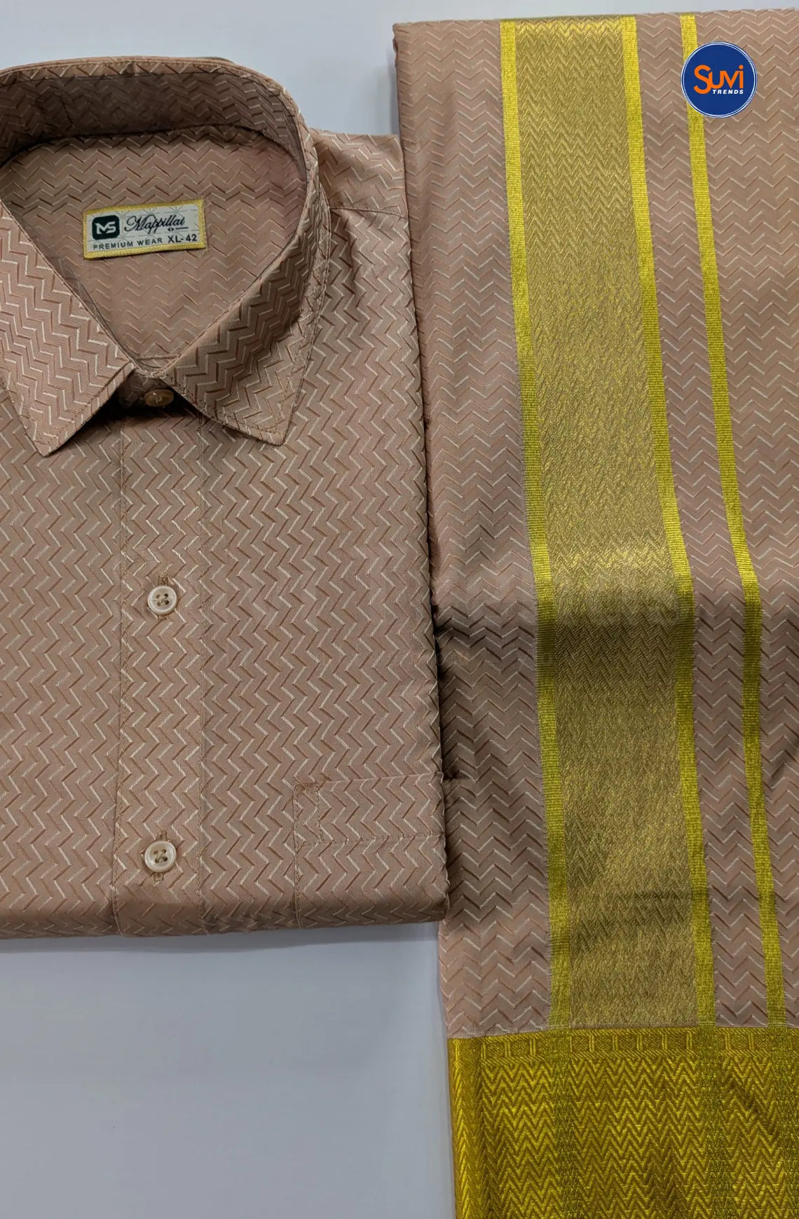 Luxury Embossed Dhoti Set Woven With Gold Zari - Copper