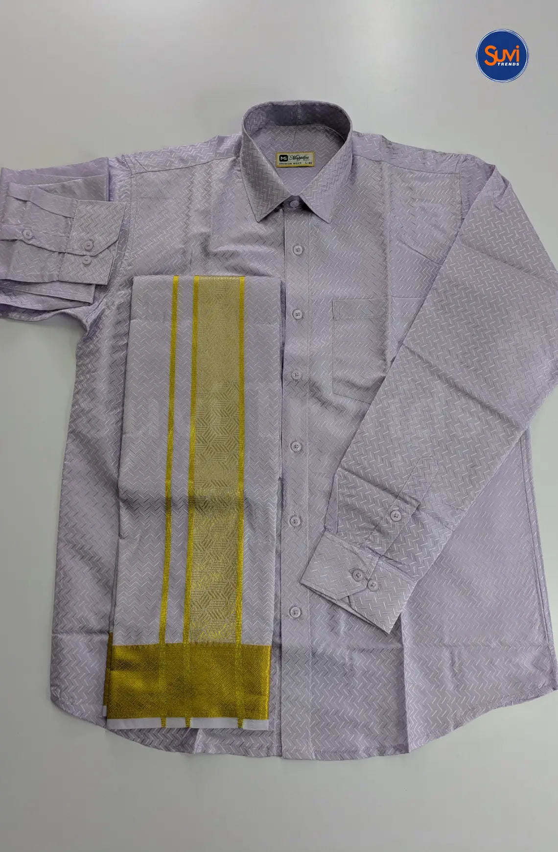 Luxury Embossed Dhoti Set Woven With Gold Zari - Lavender
