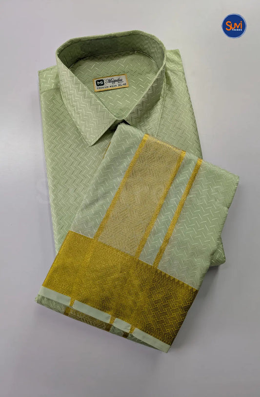 Luxury Embossed Dhoti Set Woven With Gold Zari - Marine Green