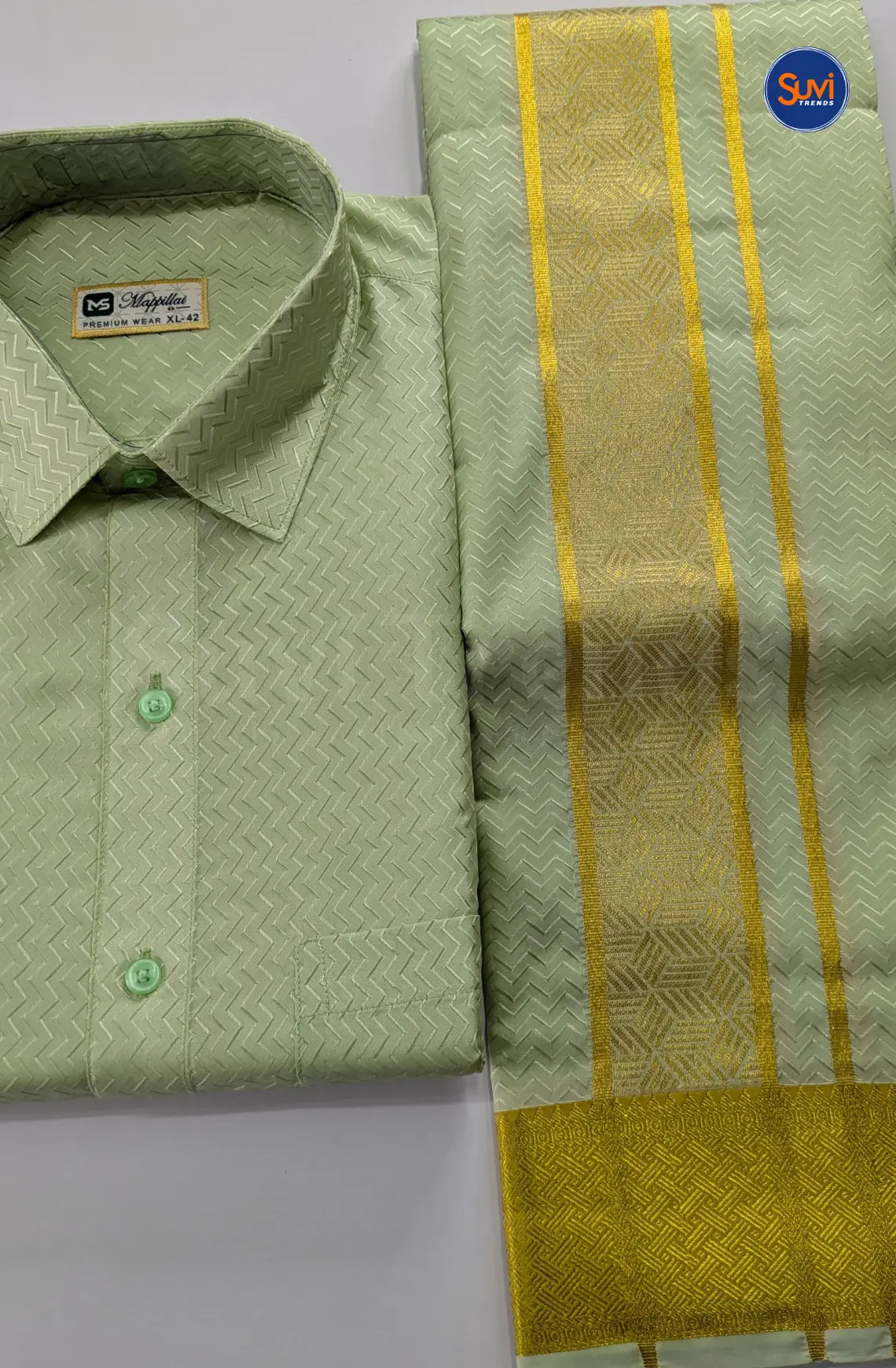 Luxury Embossed Dhoti Set Woven With Gold Zari - Marine Green