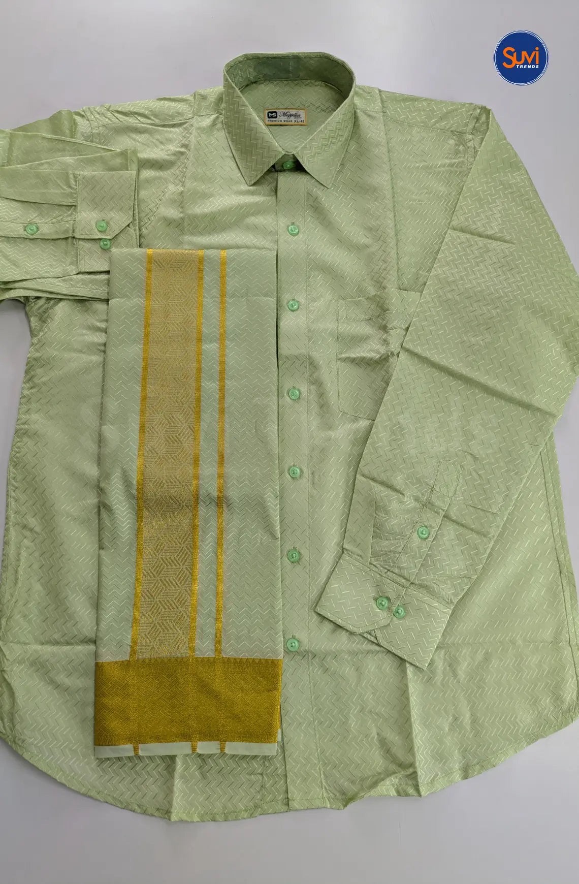 Luxury Embossed Dhoti Set Woven With Gold Zari - Marine Green