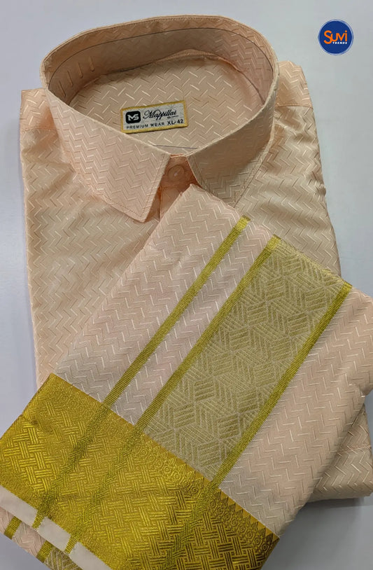 Luxury Embossed Dhoti Set Woven With Gold Zari - Peach