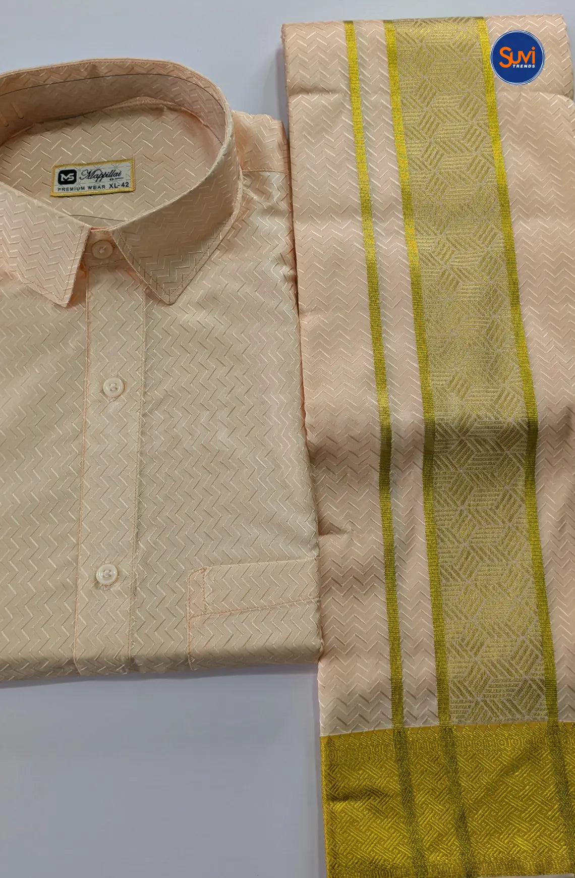 Luxury Embossed Dhoti Set Woven With Gold Zari - Peach
