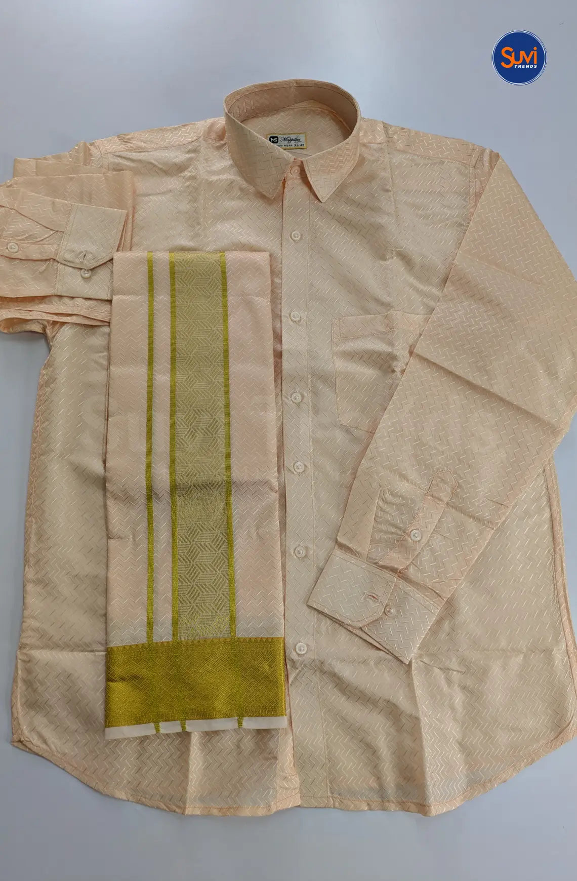 Luxury Embossed Dhoti Set Woven With Gold Zari - Peach