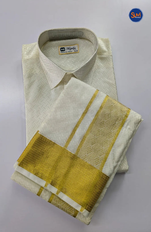 Luxury Embossed Dhoti Set Woven With Gold Zari - White