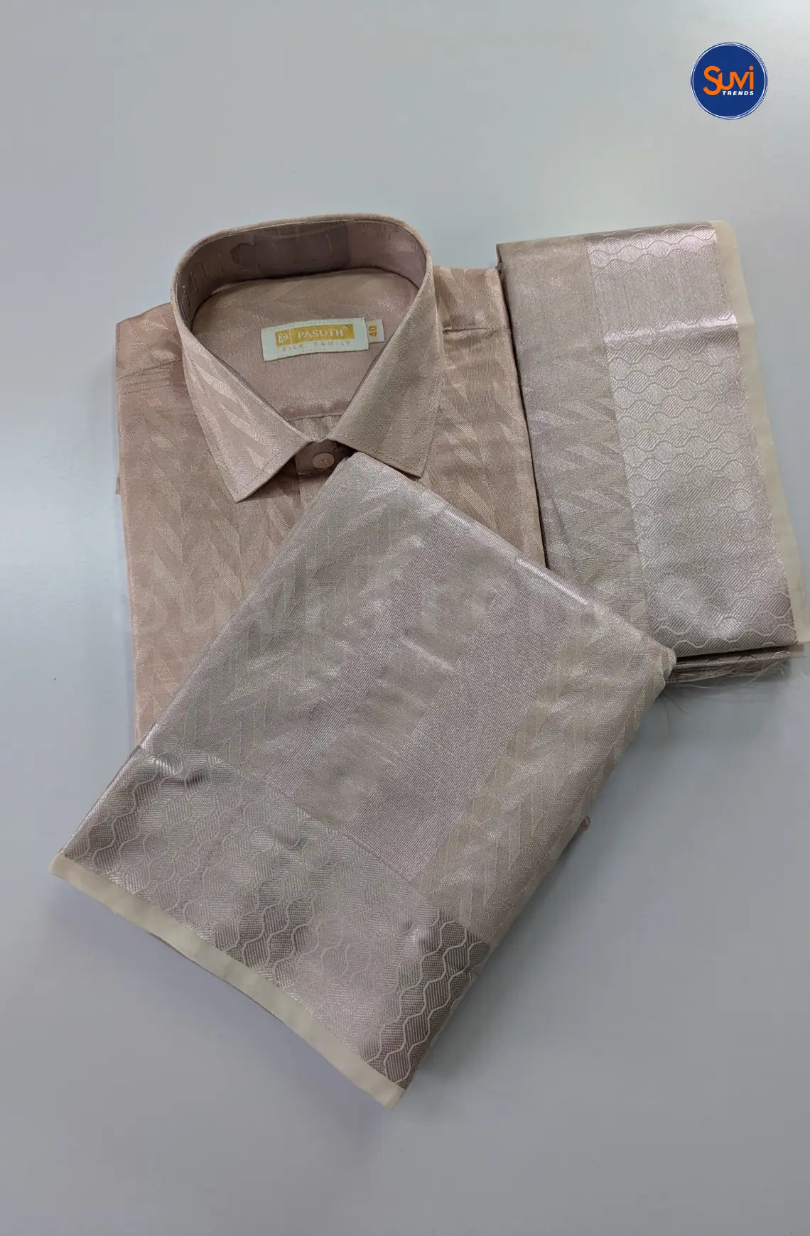 Luxury Zari Jacquard Border Wedding  Men's Dhoti Set With Towel - Rose Gold
