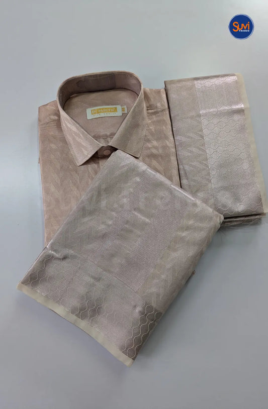 Luxury Zari Jacquard Border Wedding  Men's Dhoti Set With Towel - Rose Gold