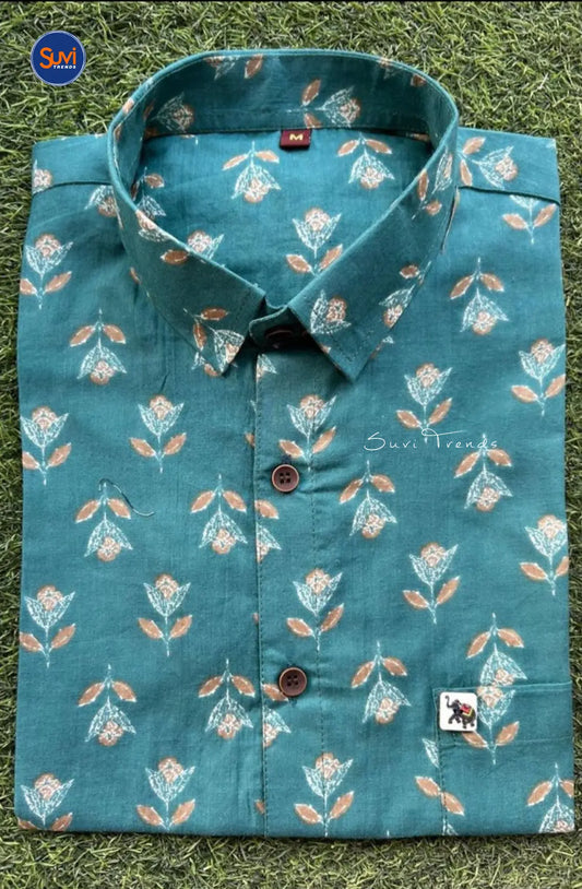 Men's Botanical Printed Cotton Shirt - Sky Blue
