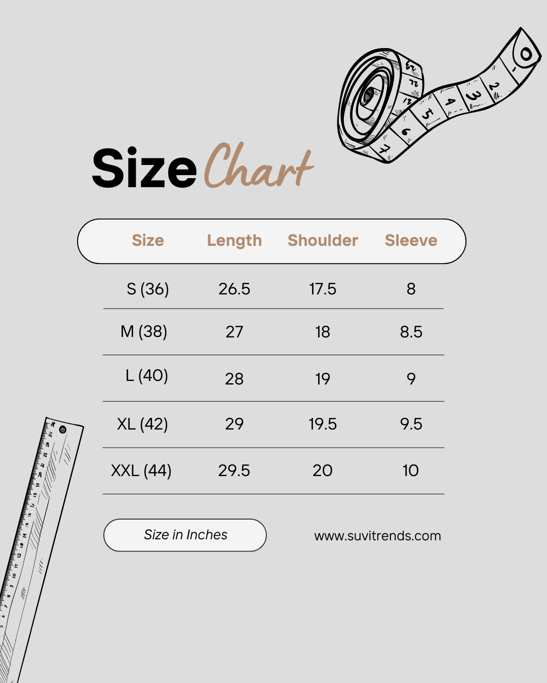 Size chart for Men's Block Printed Cotton Shirt - Grey