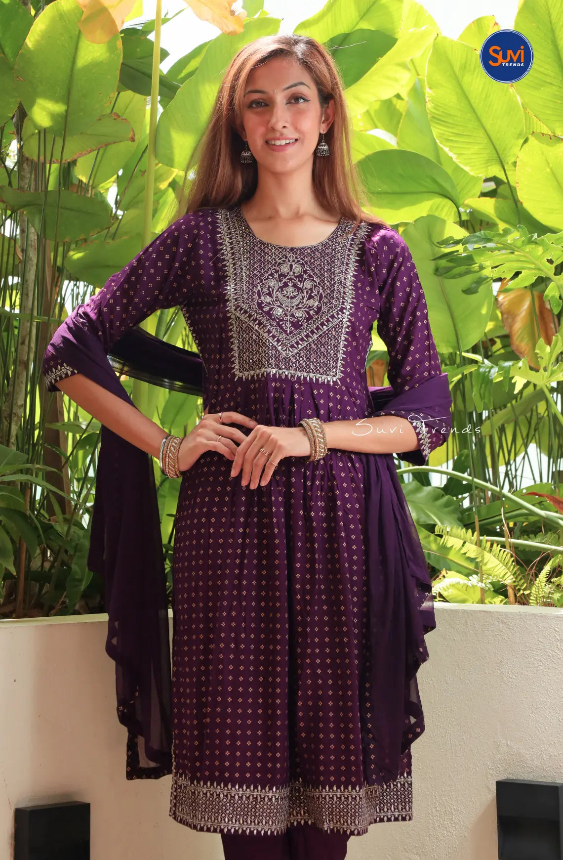Polka Dot Anarkali Set with Dupatta - Purple