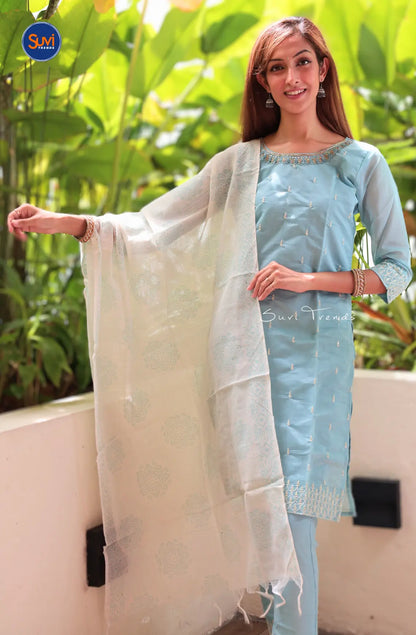 Premium Cotton Suit Set with Butta Work - Sky Blue