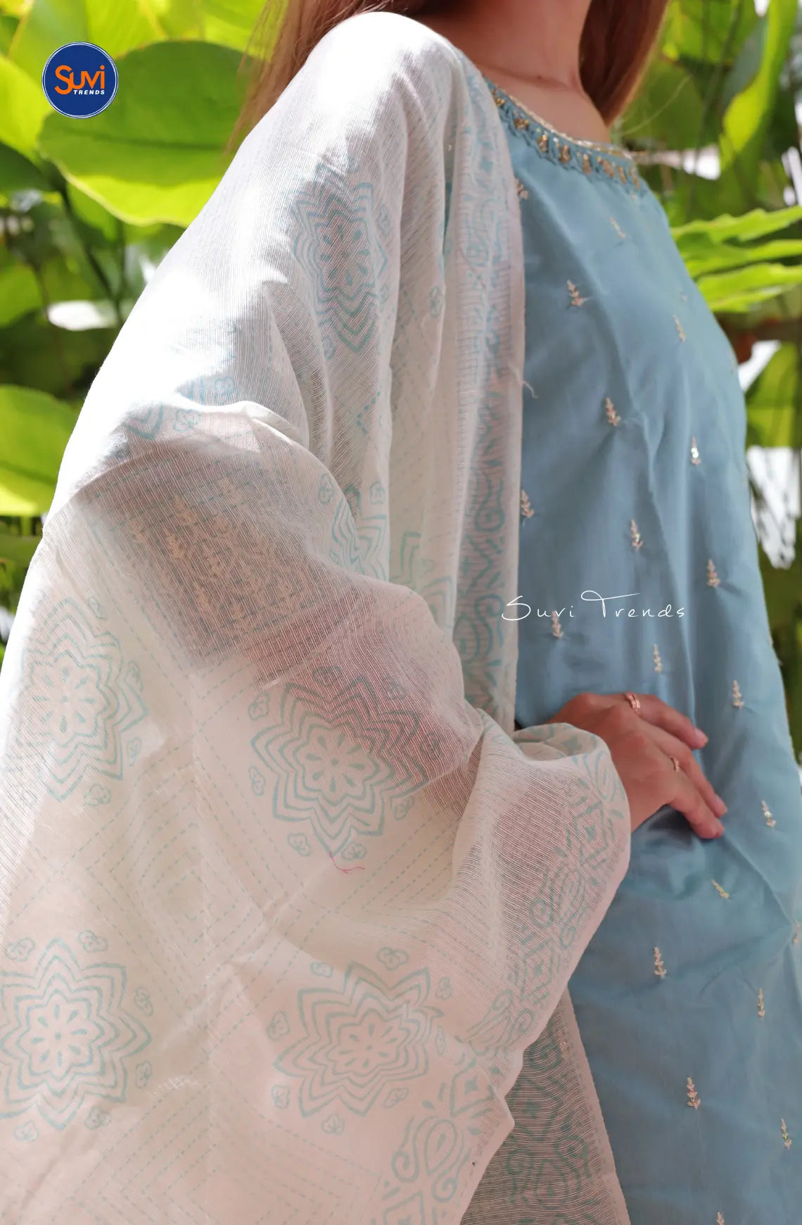 Premium Cotton Suit Set with Butta Work - Sky Blue