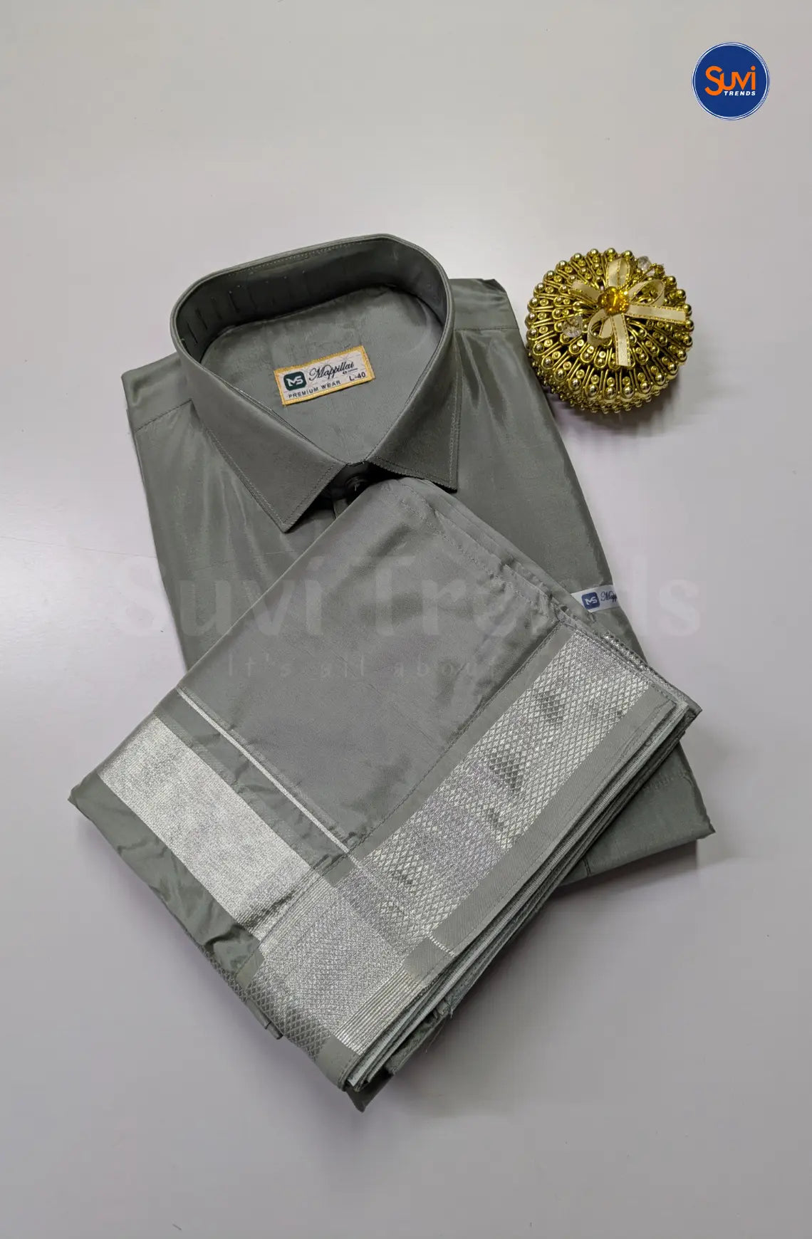Premium Japan Silk Dhoti Set - Steel Grey