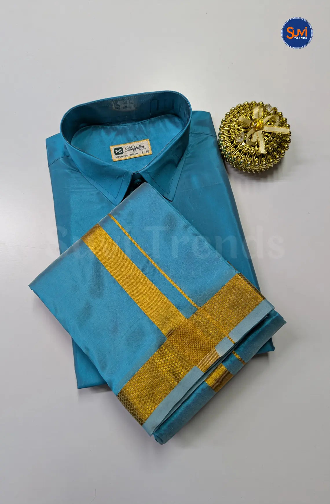 Premium Japan Silk Dhoti Set with Gold Zari - Aqua Blue
