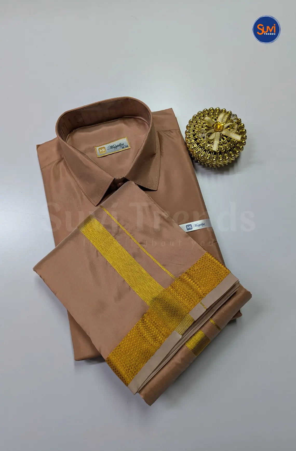 Premium Japan Silk Dhoti Set with Gold Zari - Copper