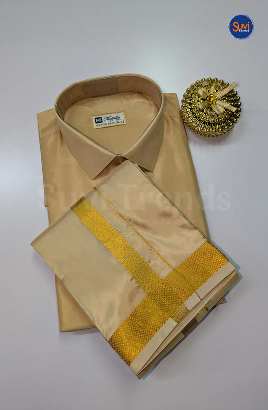 Premium Japan Silk Dhoti Set with Gold Zari - Natural Sandal
