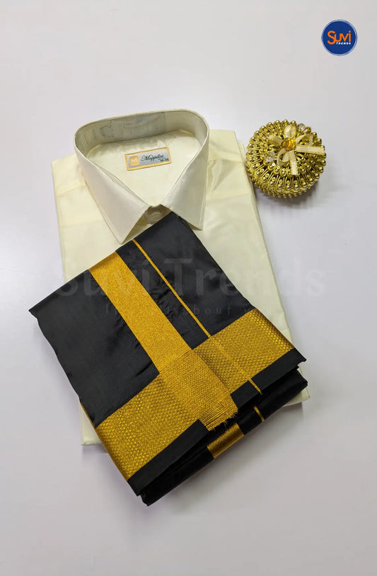 Premium Japan Silk Dhoti Set with Gold Zari - Off White & Black