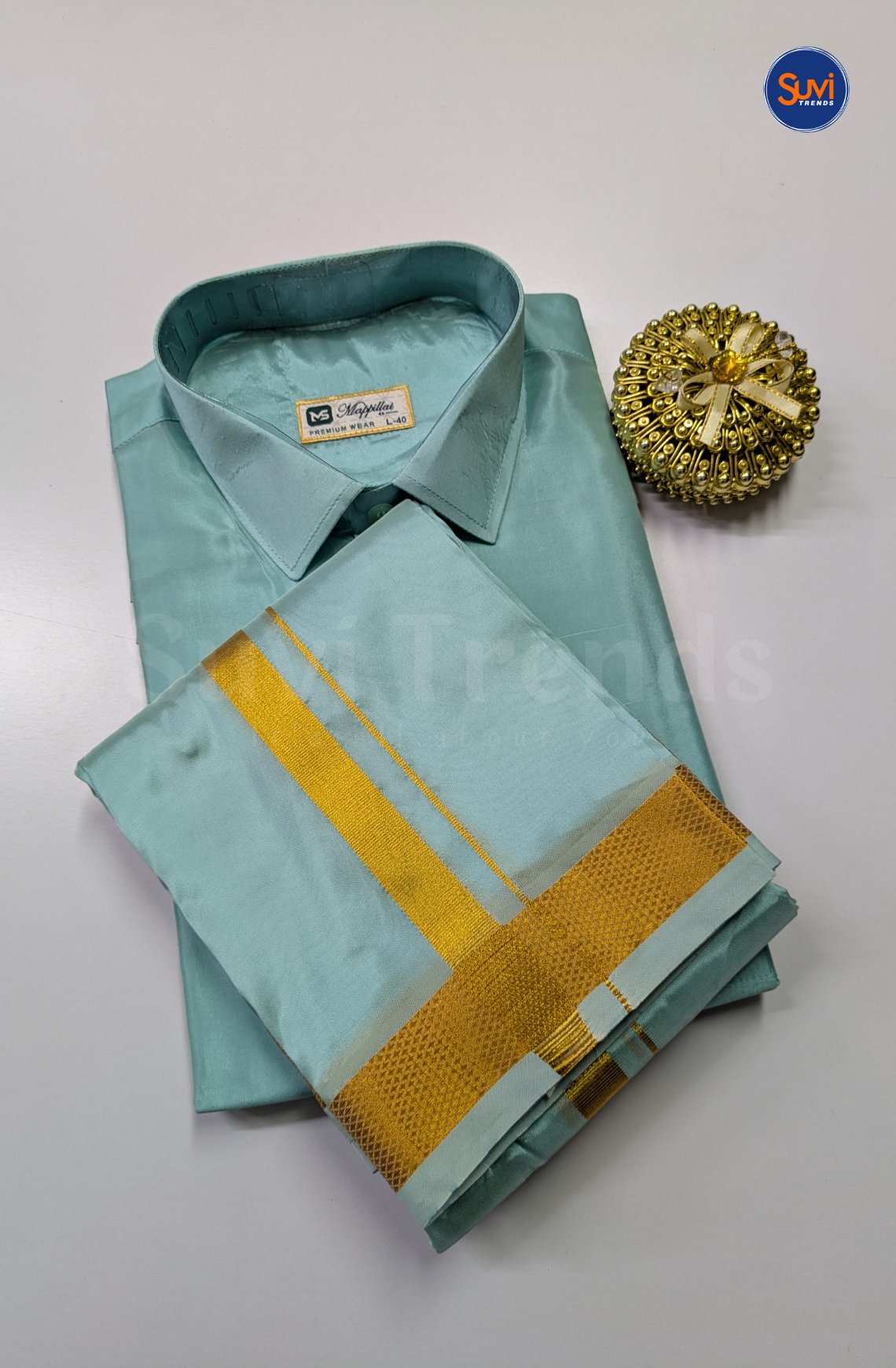 Premium Japan Silk Dhoti Set with Gold Zari - Pastel Rama