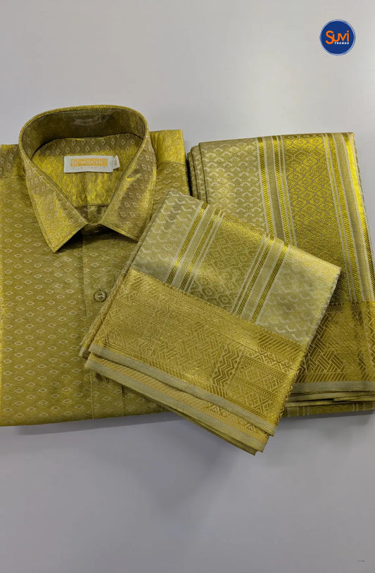 Premium Men's Wedding  Tissue Silk Dhoti Set - Gold 1