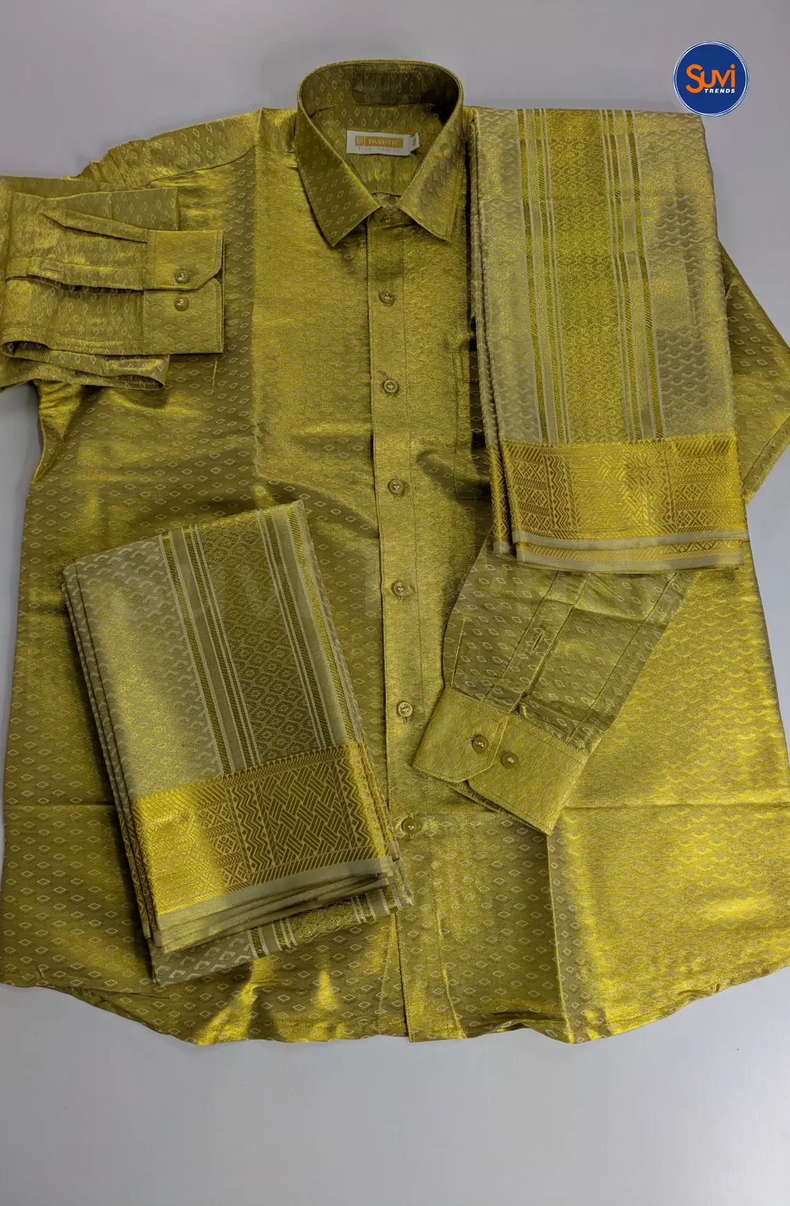 Premium Men's Wedding  Tissue Silk Dhoti Set - Gold 1