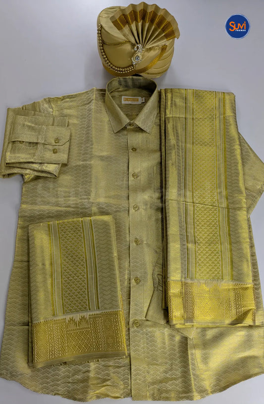 Premium Men's Wedding  Tissue Silk Dhoti Set - Gold 2